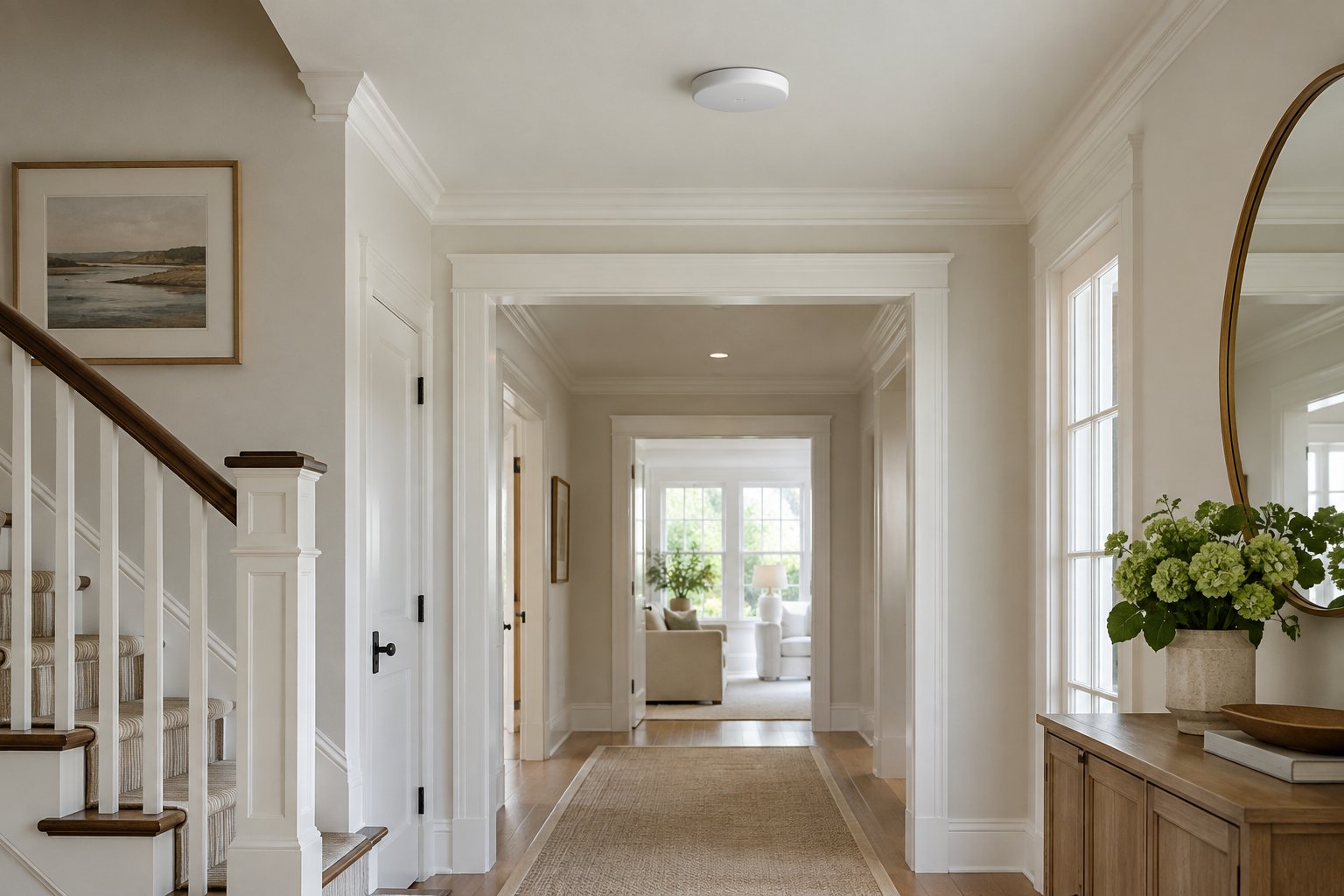 Visible ceiling-mounted wireless access point positioned for performance in a refined residence