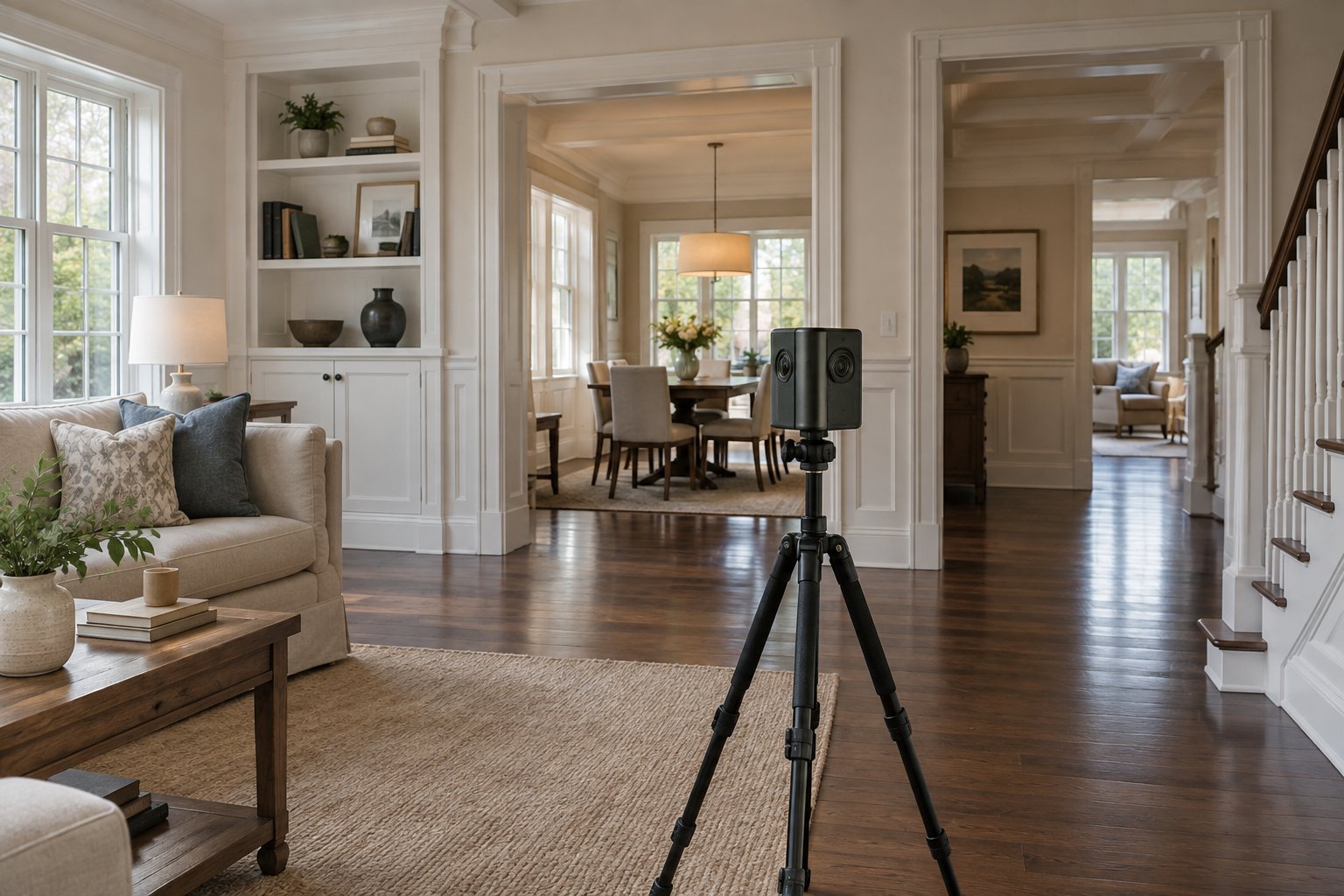3D property-capture camera documenting a residence for Wi‑Fi planning